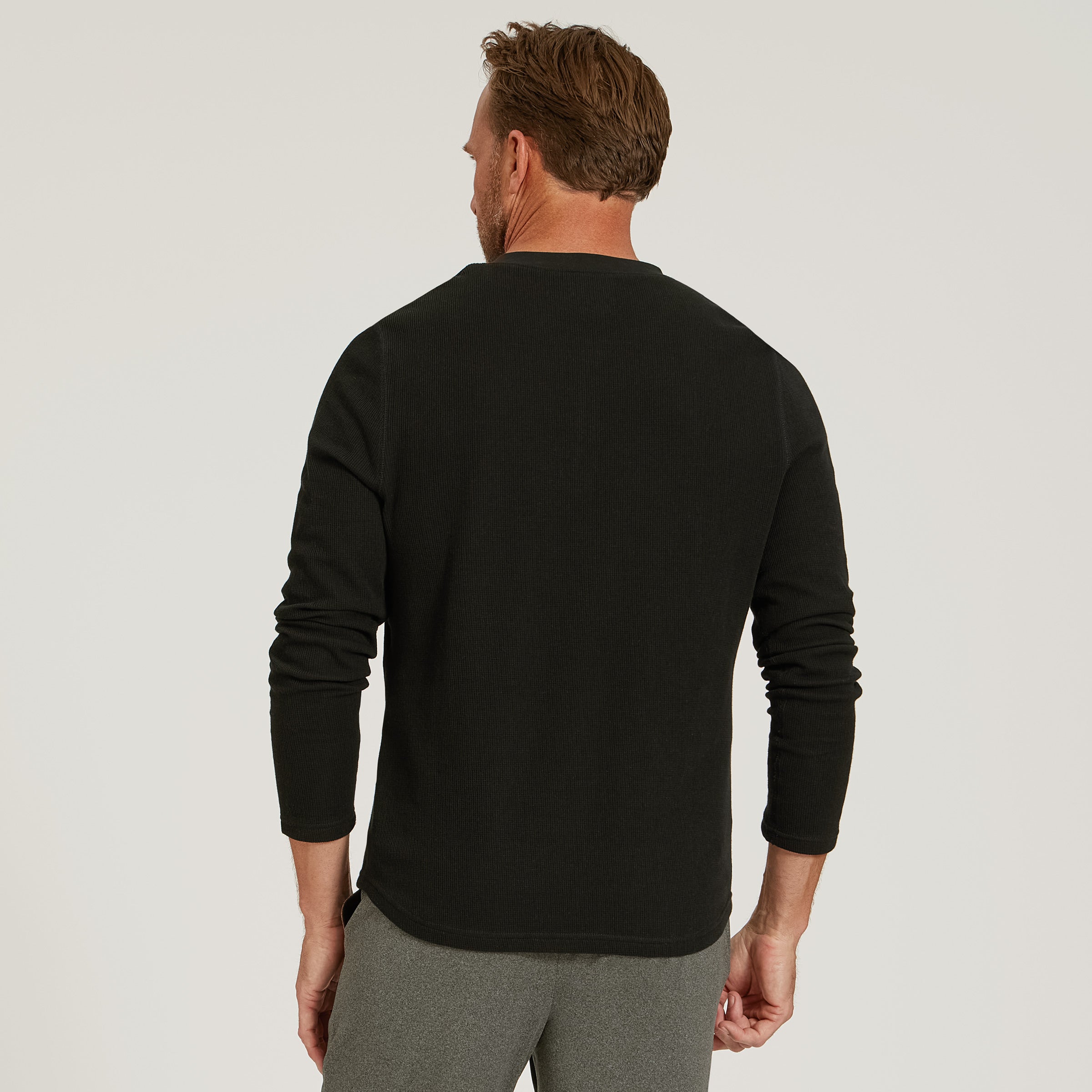 Men wearing Black Cotton Waffle Curved Hem Henley