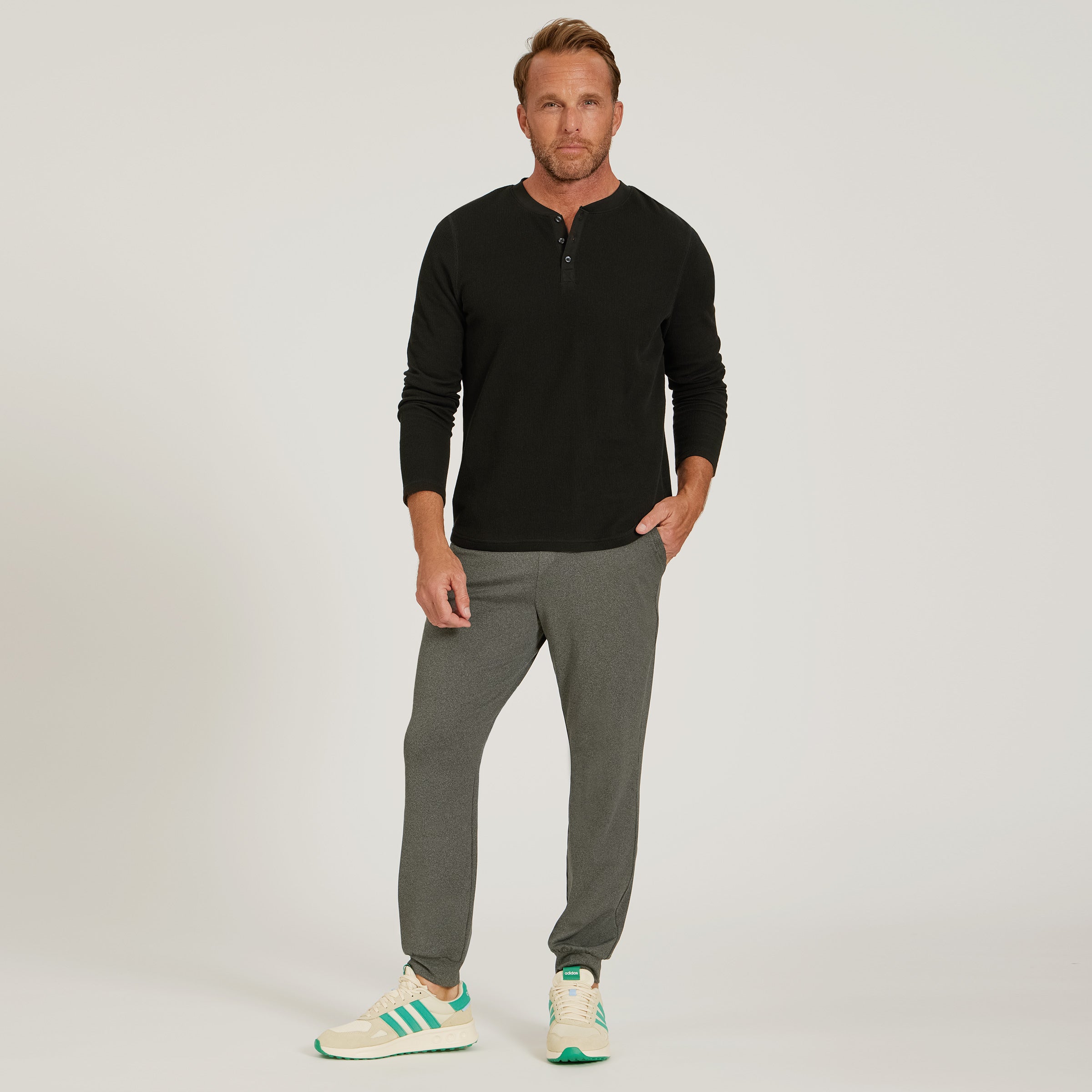 Men wearing Black Cotton Waffle Curved Hem Henley