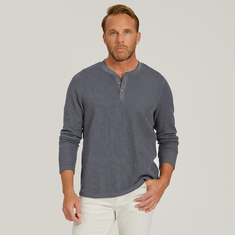 Men wearing Blue Ink Cotton Waffle Curved Hem Henley
