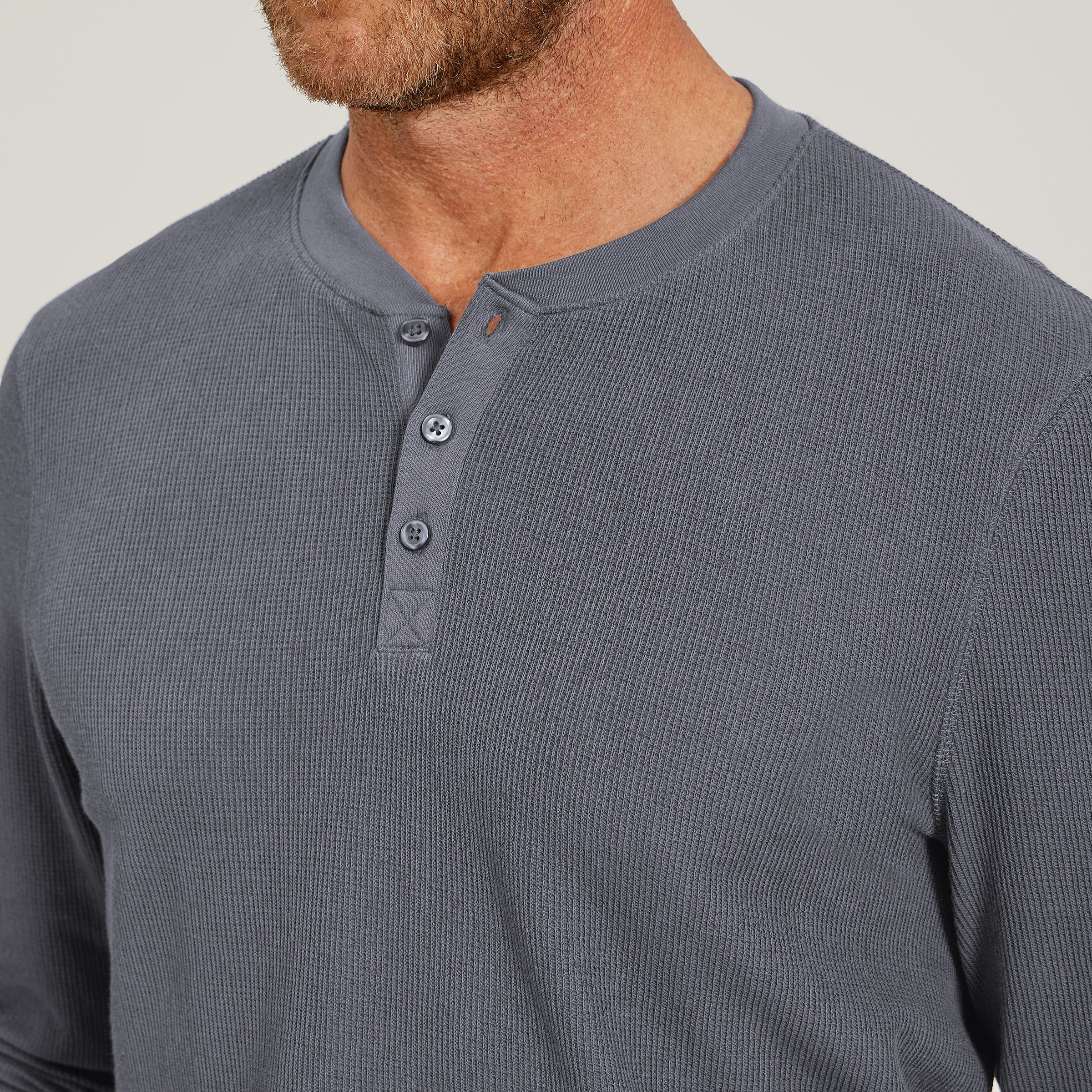 Men wearing Blue Ink Cotton Waffle Curved Hem Henley