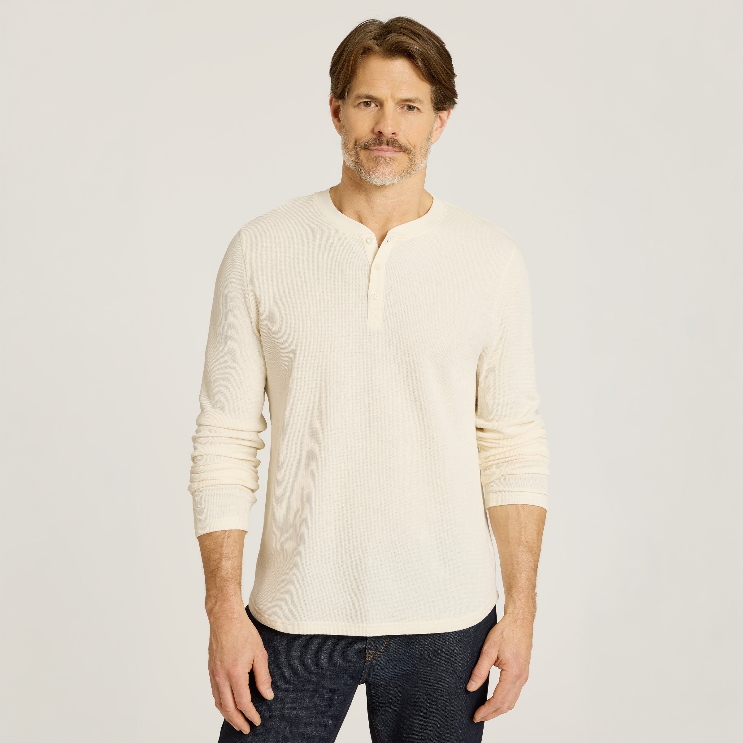 Men wearing Bone Cotton Waffle Curved Hem Henley