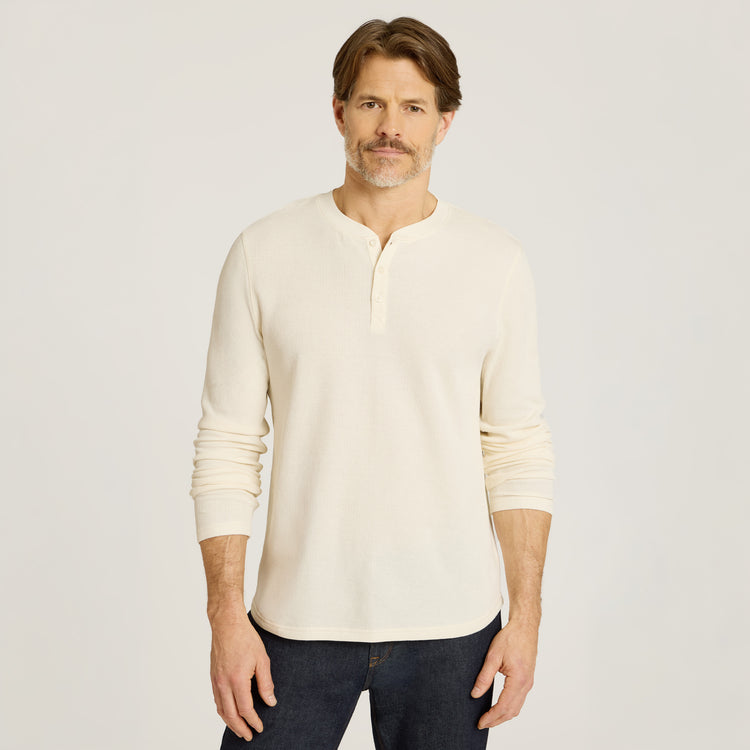 Men wearing Bone Cotton Waffle Curved Hem Henley