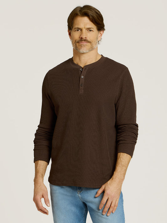 Cotton Waffle Curved Hem Henley Cocoa Henley tees