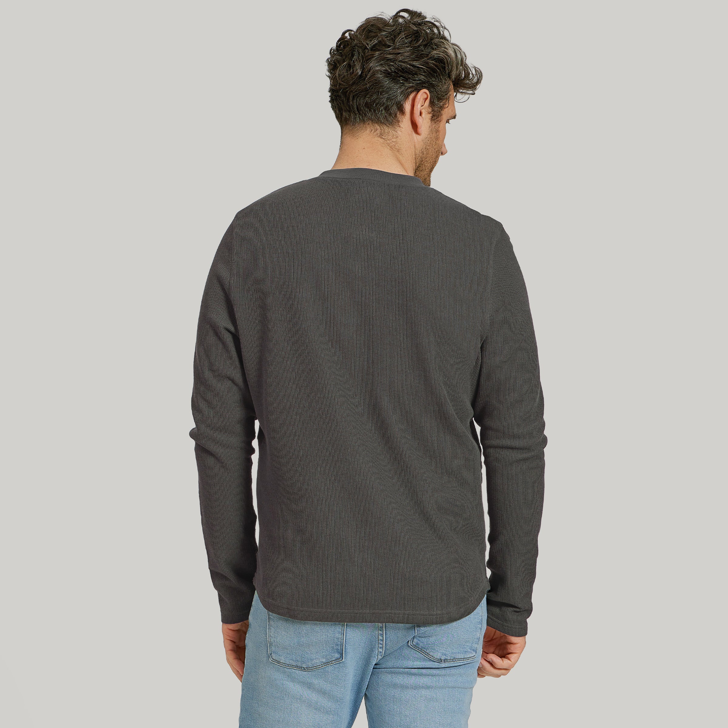 Men wearing Dark Gray Cotton Waffle Curved Hem Henley