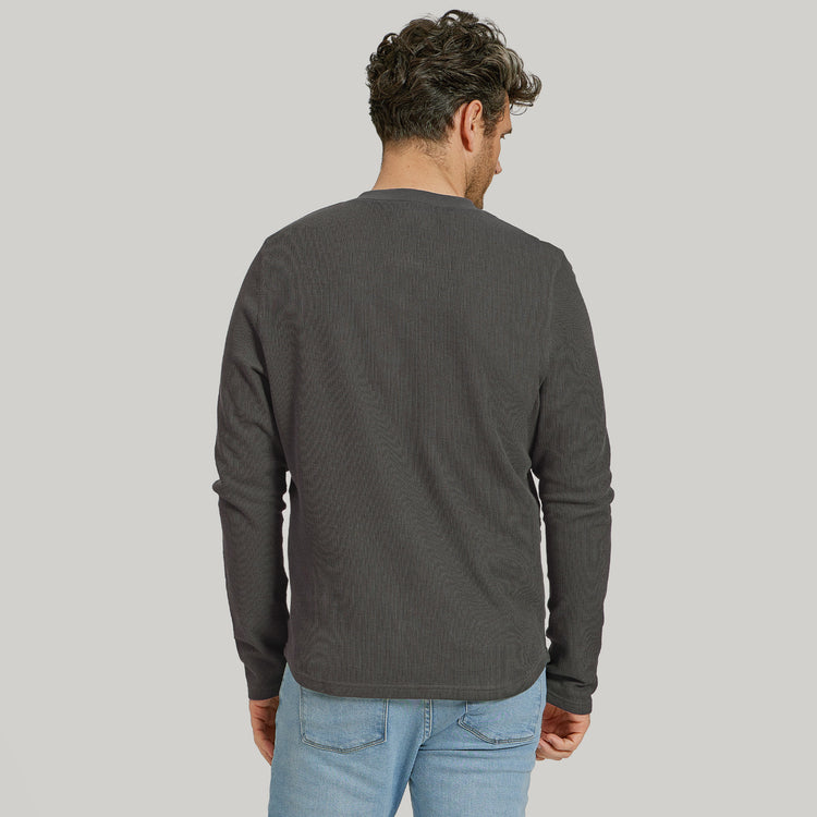 Men wearing Dark Gray Cotton Waffle Curved Hem Henley