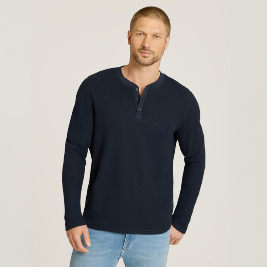 Cotton Waffle Curved Hem Henley Navy Henley tees