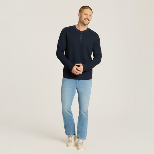 Cotton Waffle Curved Hem Henley Navy Henley tees