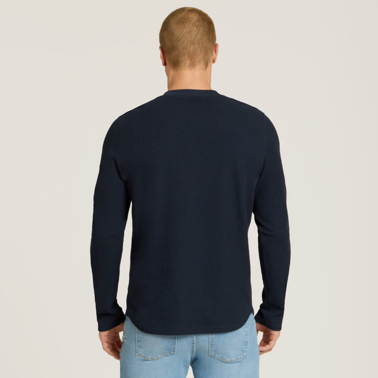 Men wearing Navy Cotton Waffle Curved Hem Henley