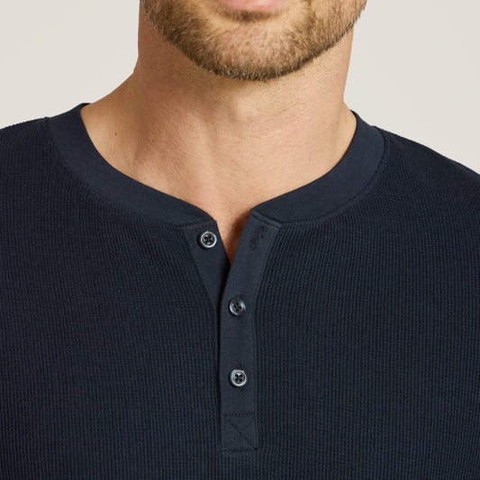 Cotton Waffle Curved Hem Henley Navy Henley tees