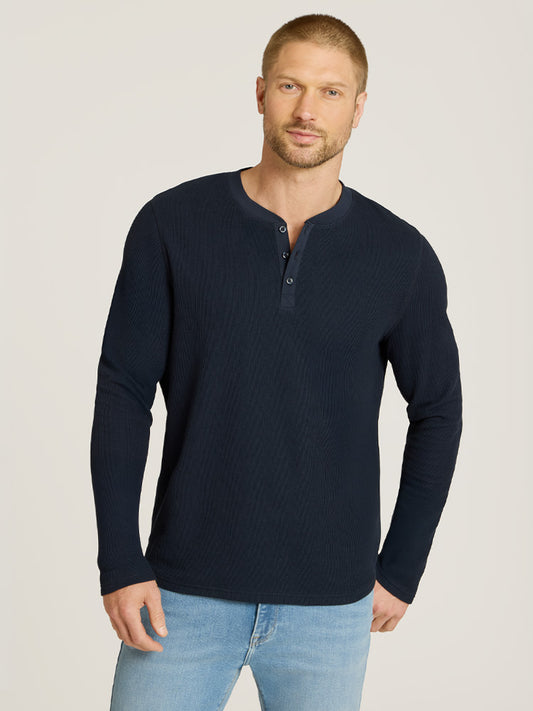 Cotton Waffle Curved Hem Henley Navy Henley tees