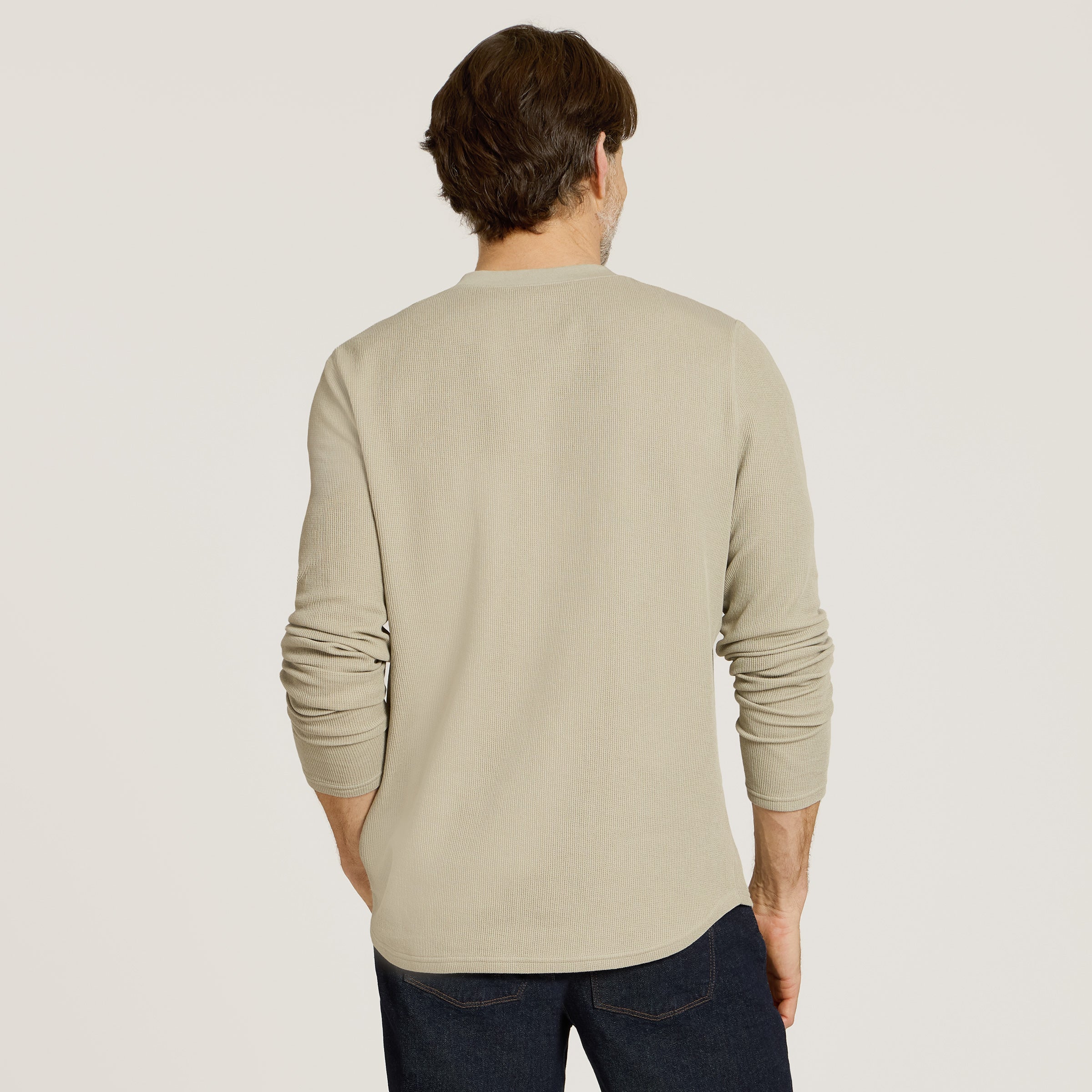 Men wearing Taupe Cotton Waffle Curved Hem Henley
