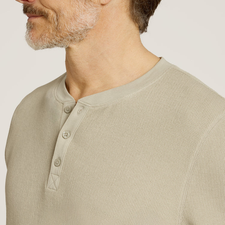 Men wearing Taupe Cotton Waffle Curved Hem Henley