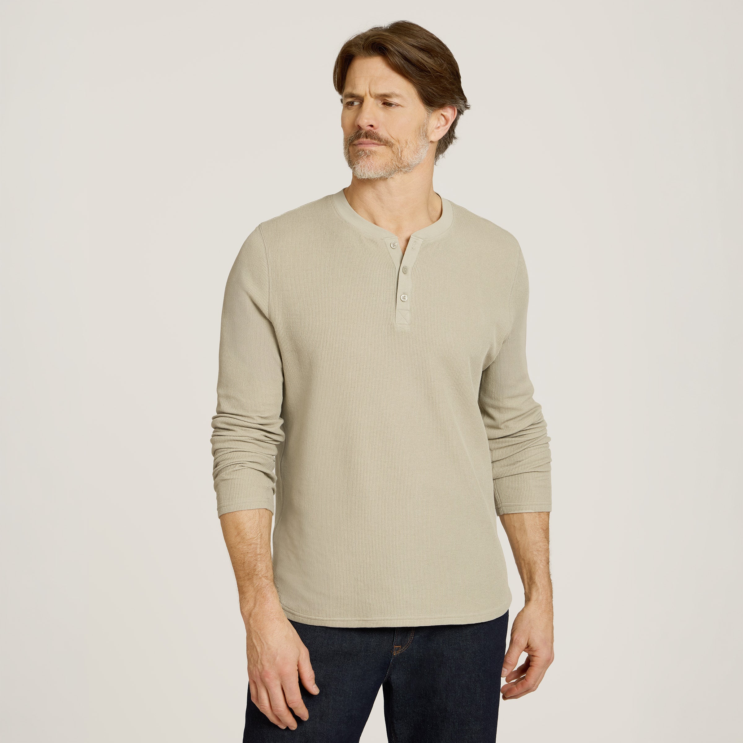Men wearing Taupe Cotton Waffle Curved Hem Henley