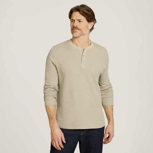 Cotton Waffle Curved Hem Henley Taupe Henley tees