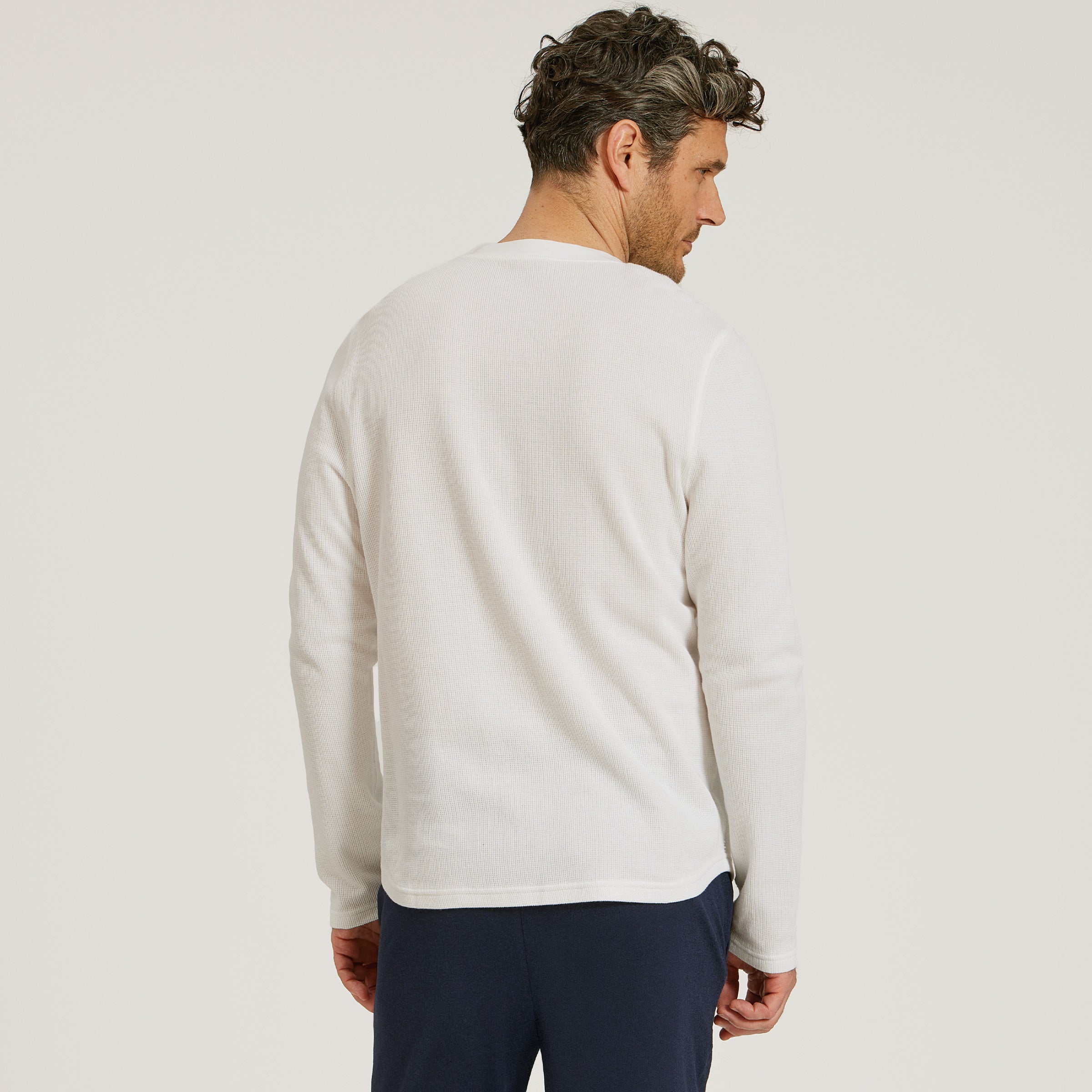 Men wearing White Cotton Waffle Curved Hem Henley