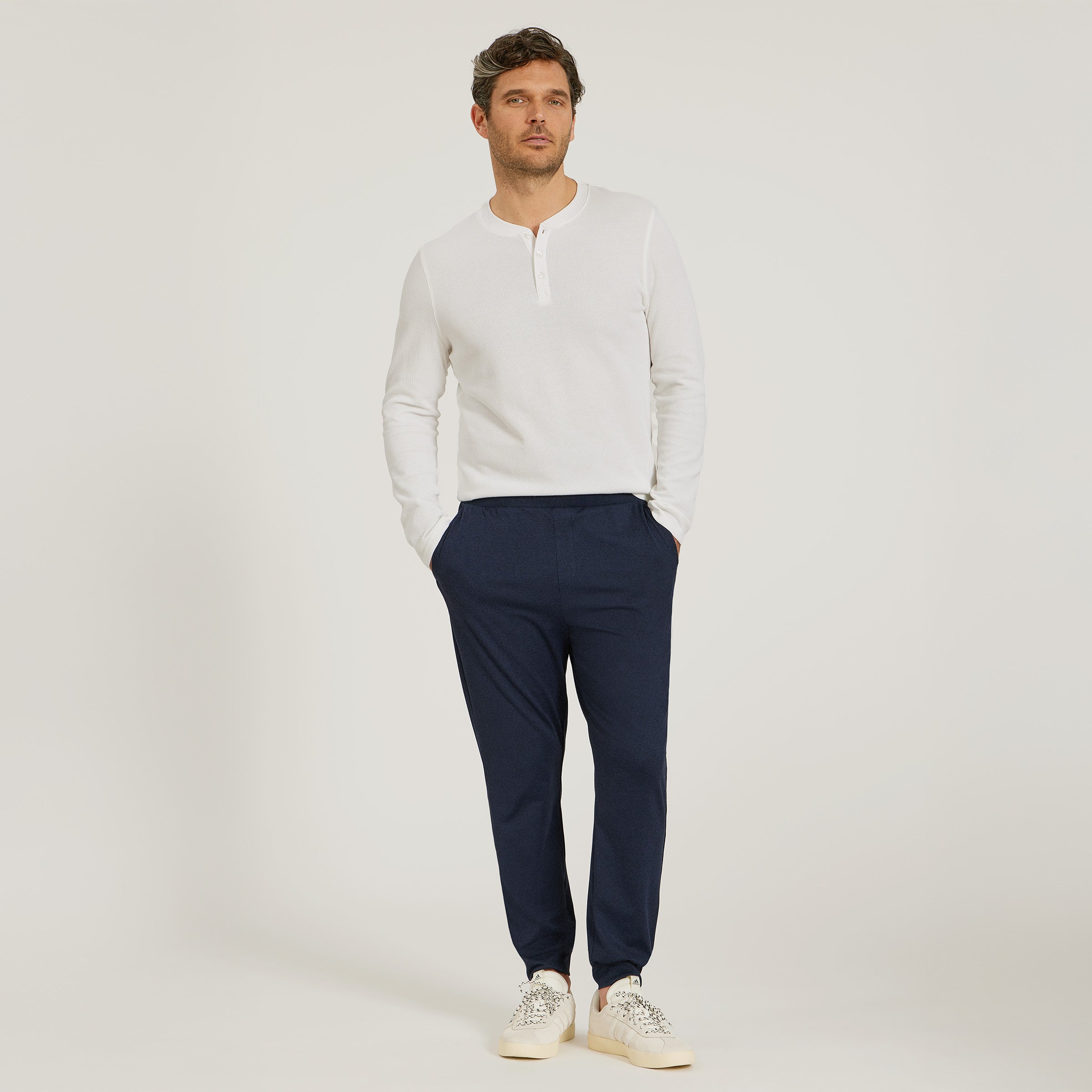 Men wearing White Cotton Waffle Curved Hem Henley