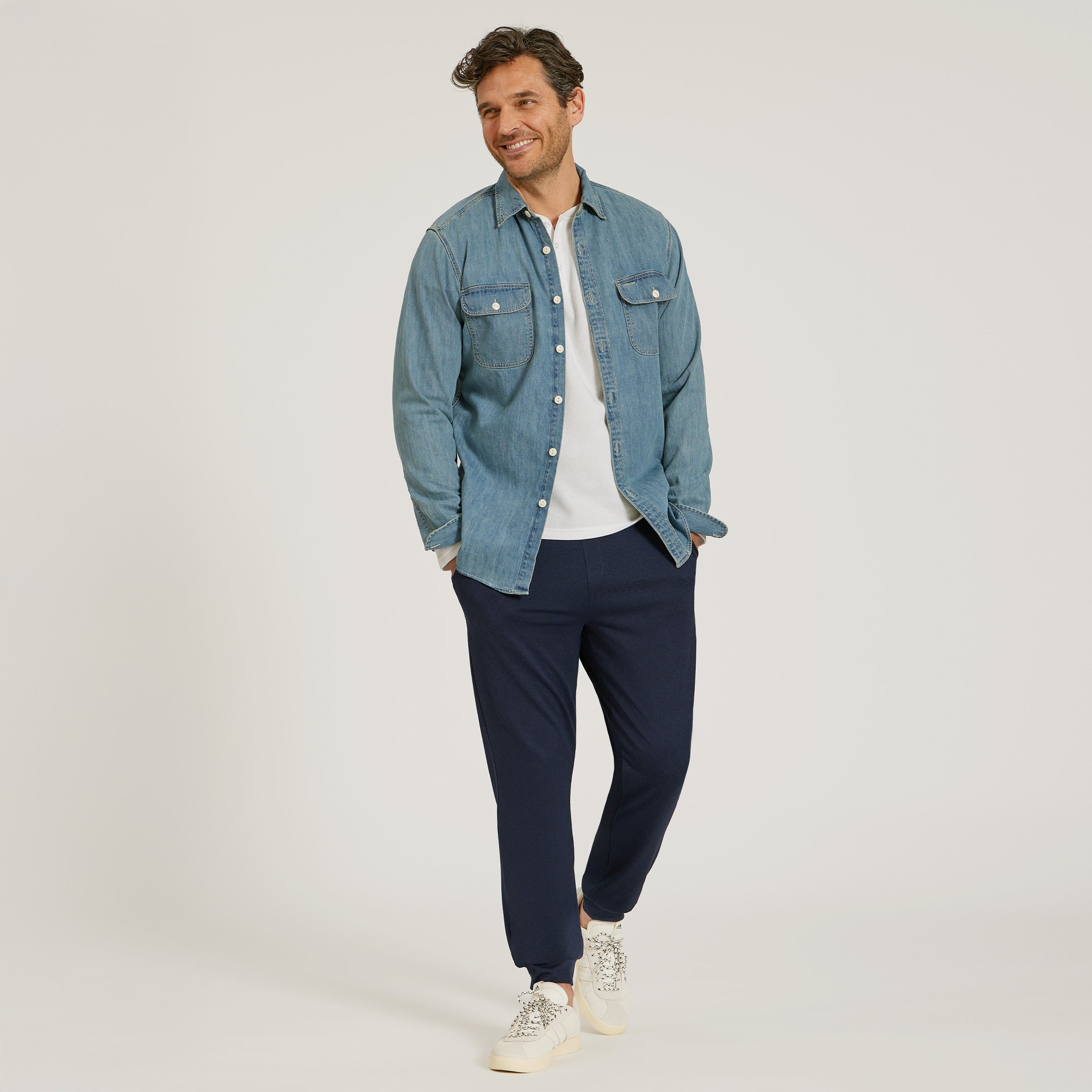 Men wearing White Cotton Waffle Curved Hem Henley
