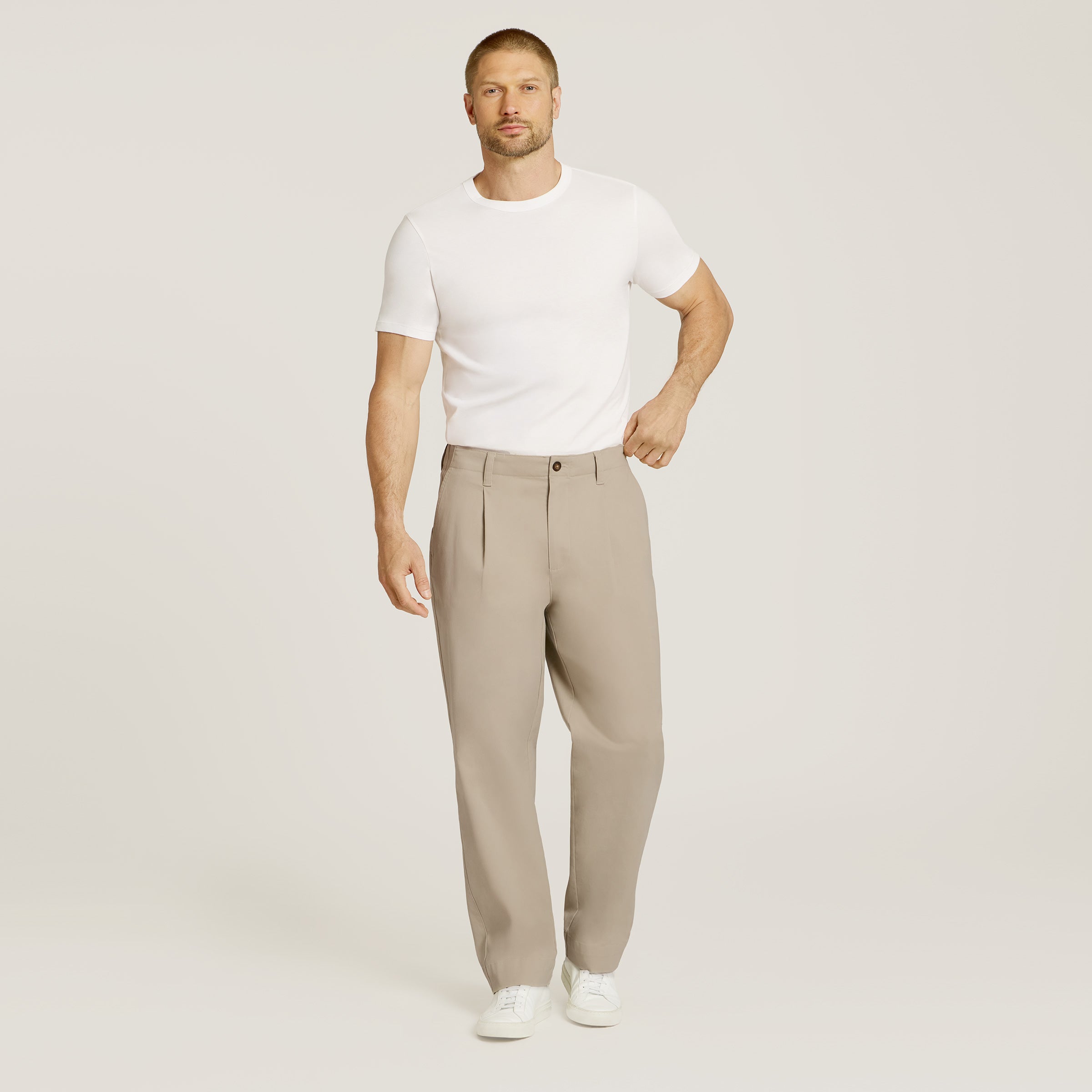 Men wearing Ecru Wide Leg Chino Pants