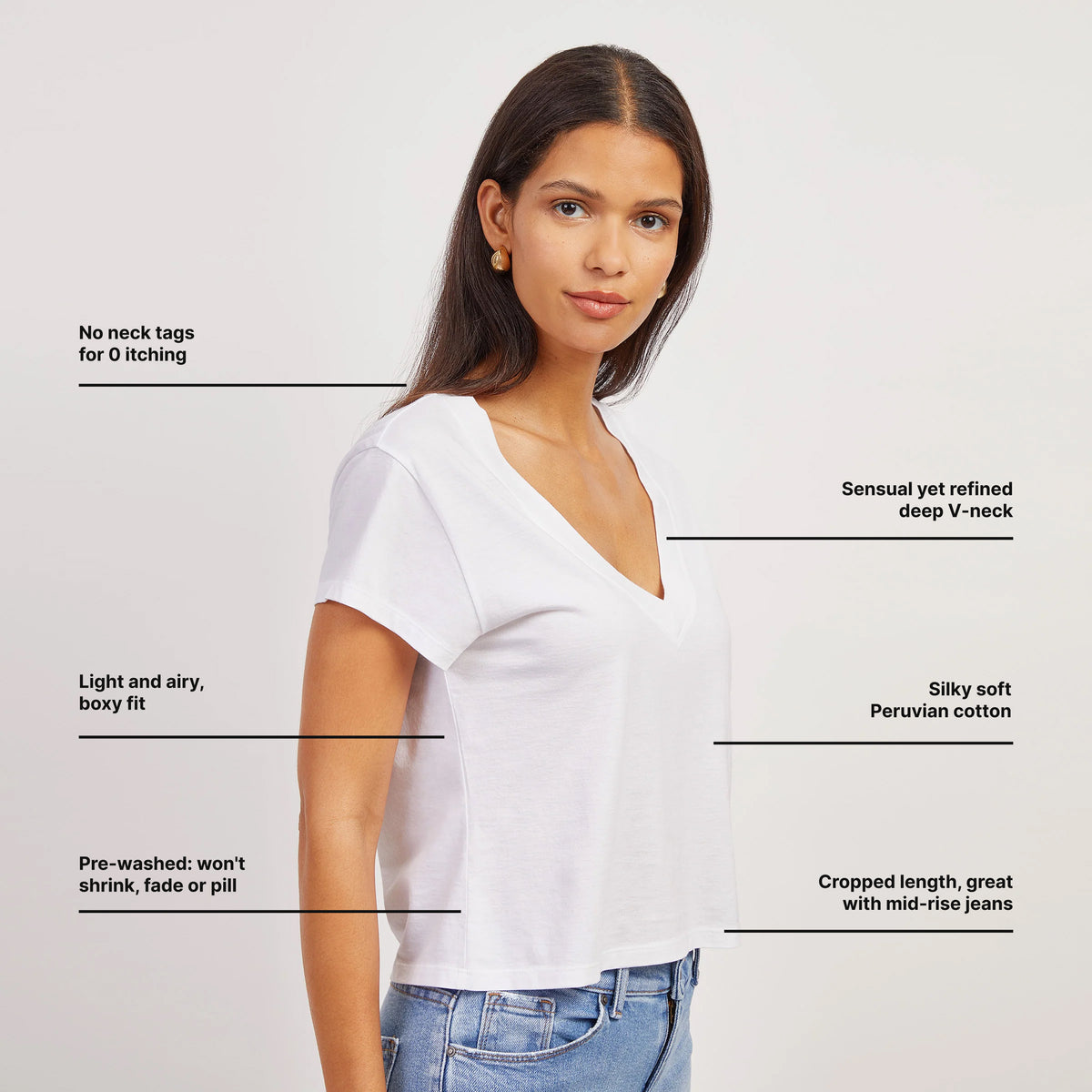 Women wearing White Everyday Cotton Deep V-Neck Tee