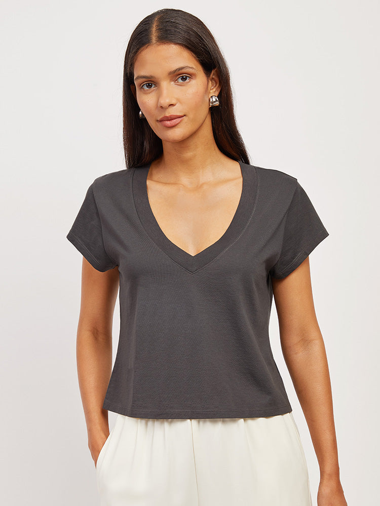 Women wearing Vintage Gray Everyday Cotton Deep V-Neck Tee