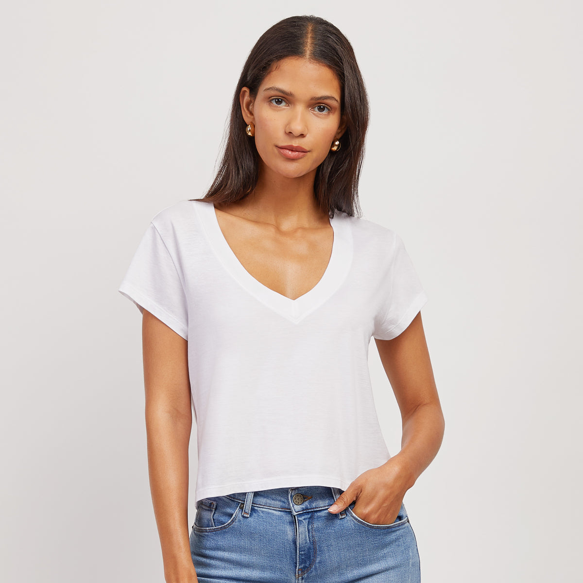 Women wearing White Everyday Cotton Deep V-Neck Tee