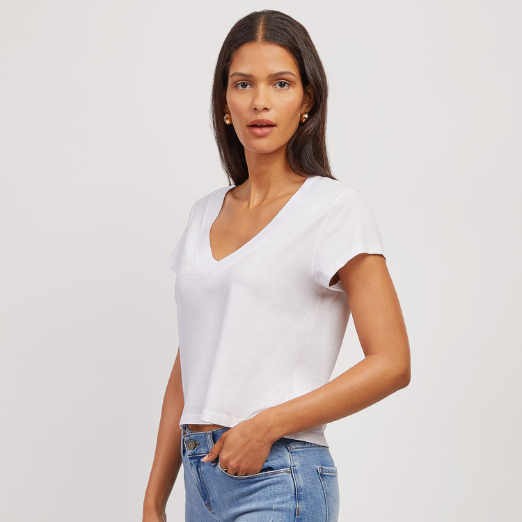 Women wearing White Everyday Cotton Deep V-Neck Tee
