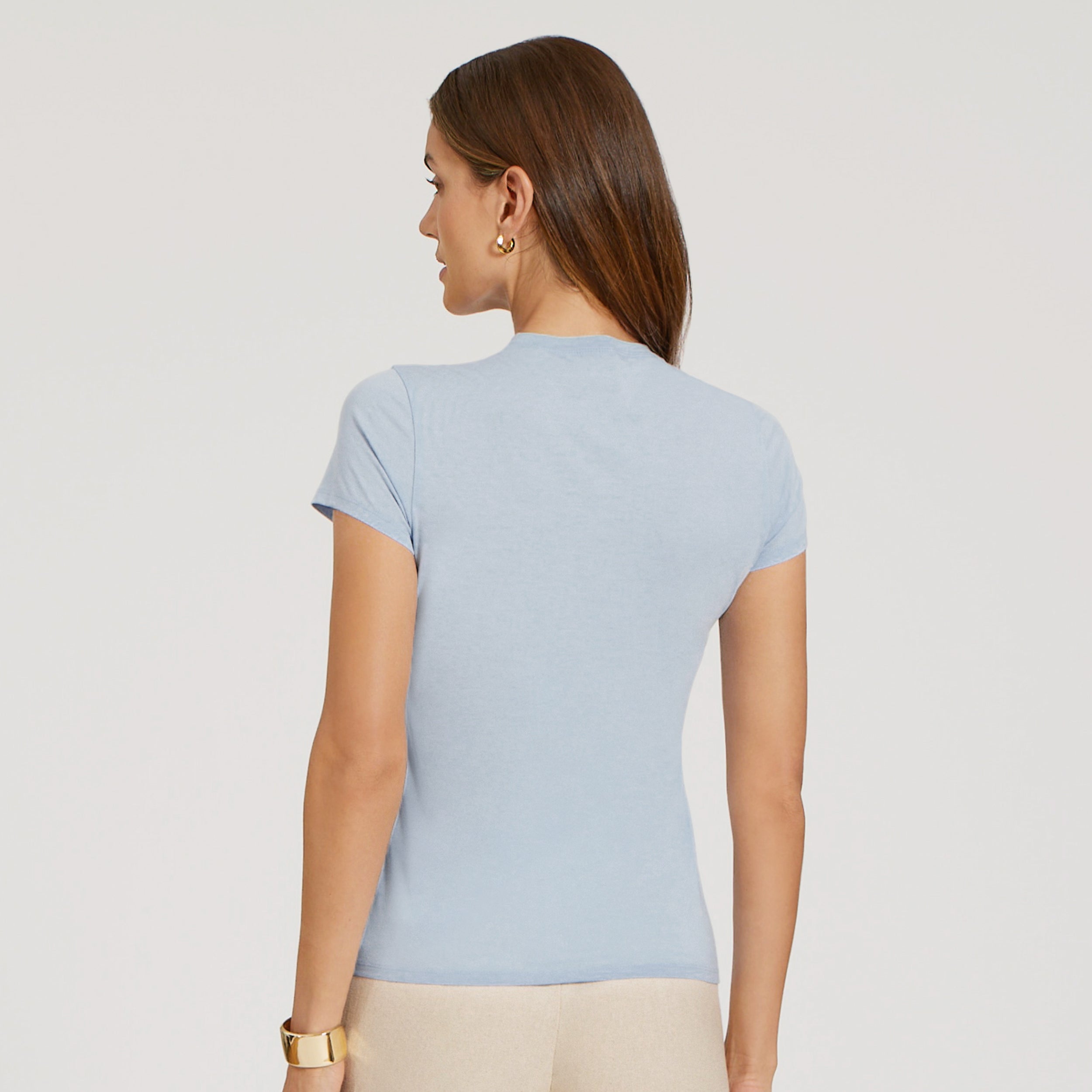 Women wearing Ice Blue Fitted Crew Marcy Tee