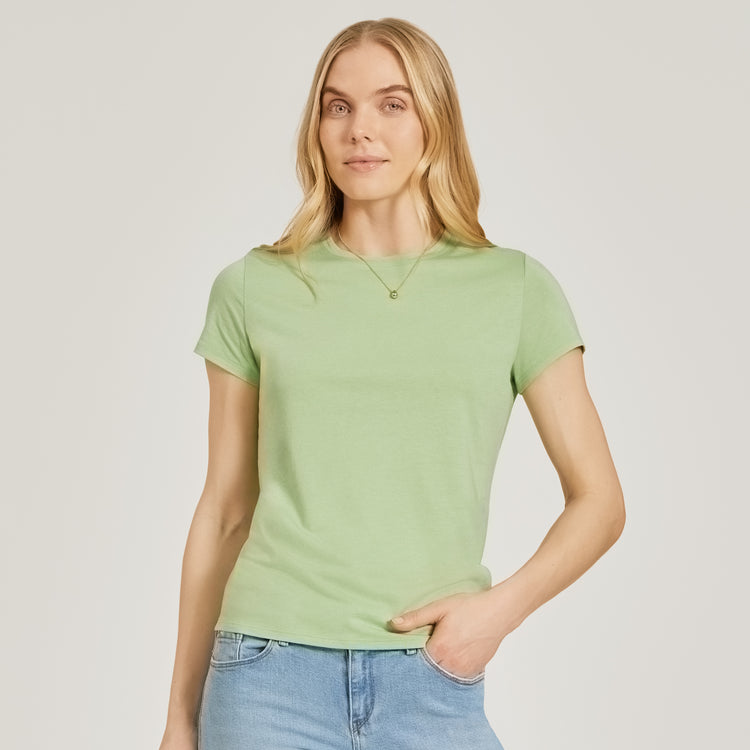 Women wearing Pistacho Fitted Crew Marcy Tee