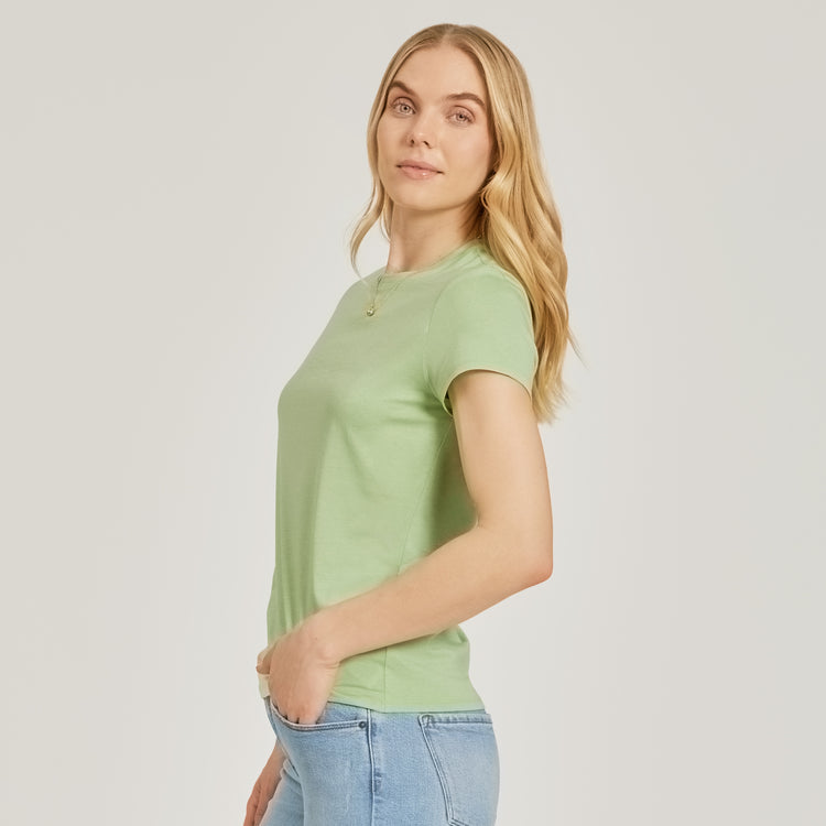 Women wearing Pistacho Fitted Crew Marcy Tee