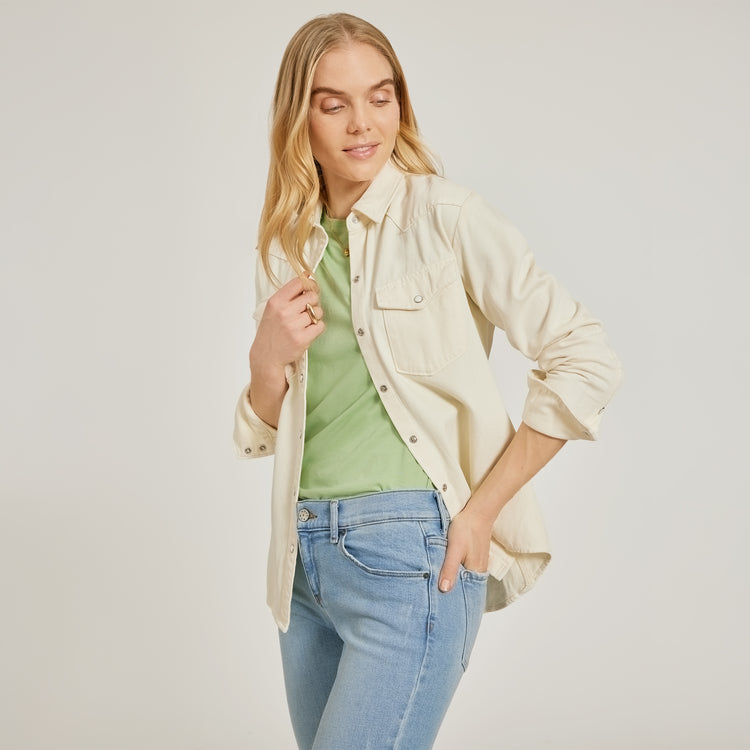 Women wearing Pistacho Fitted Crew Marcy Tee