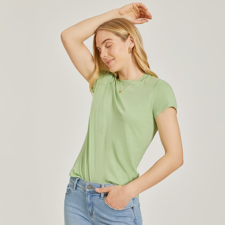 Women wearing Pistacho Fitted Crew Marcy Tee