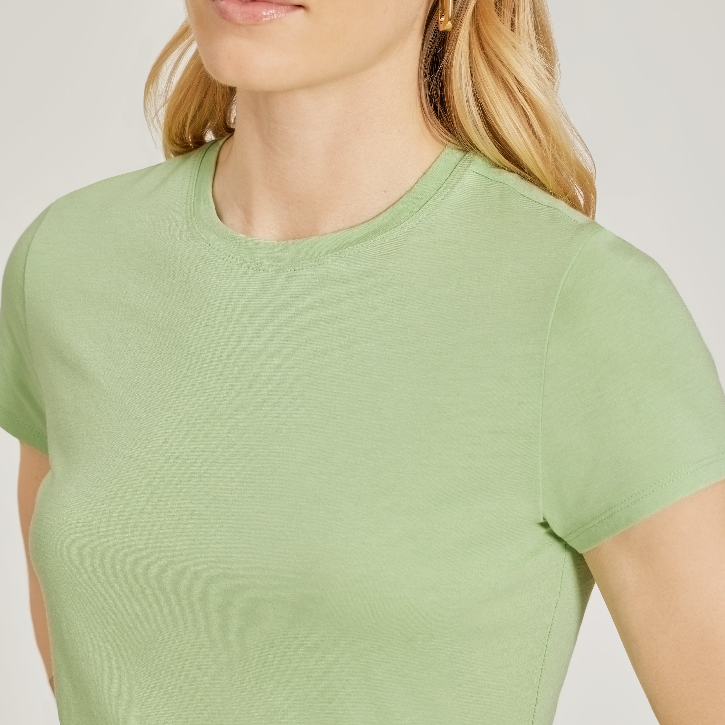 Women wearing Pistacho Fitted Crew Marcy Tee