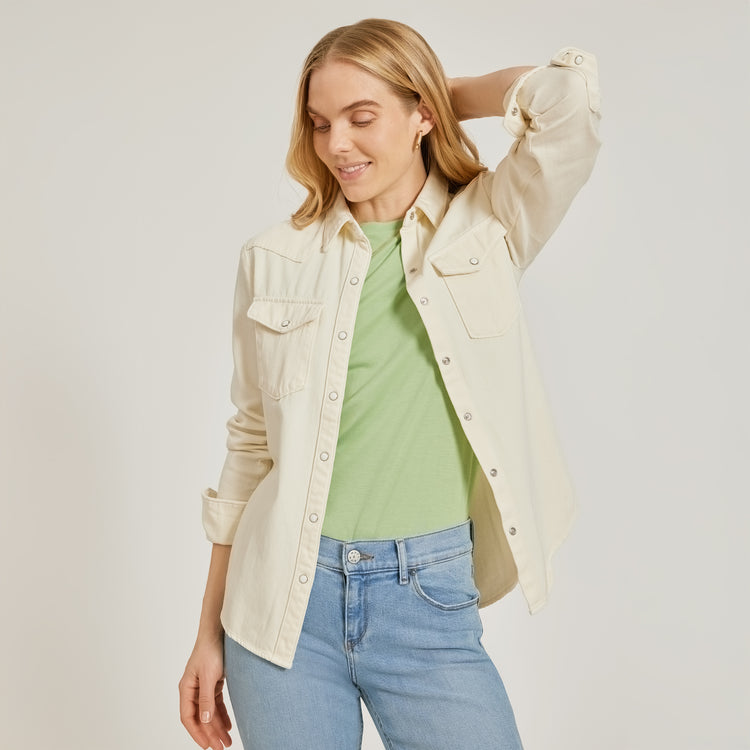 Women wearing Pistacho Fitted Crew Marcy Tee