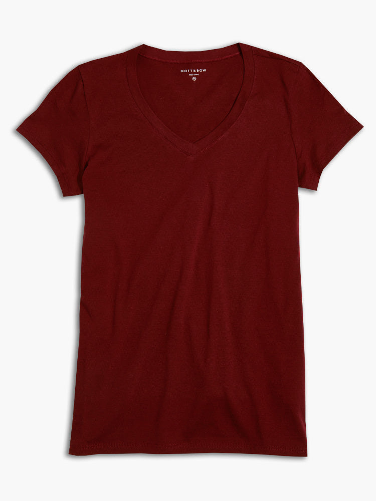 Women wearing Crimson Fitted V-Neck Marcy Tee tees