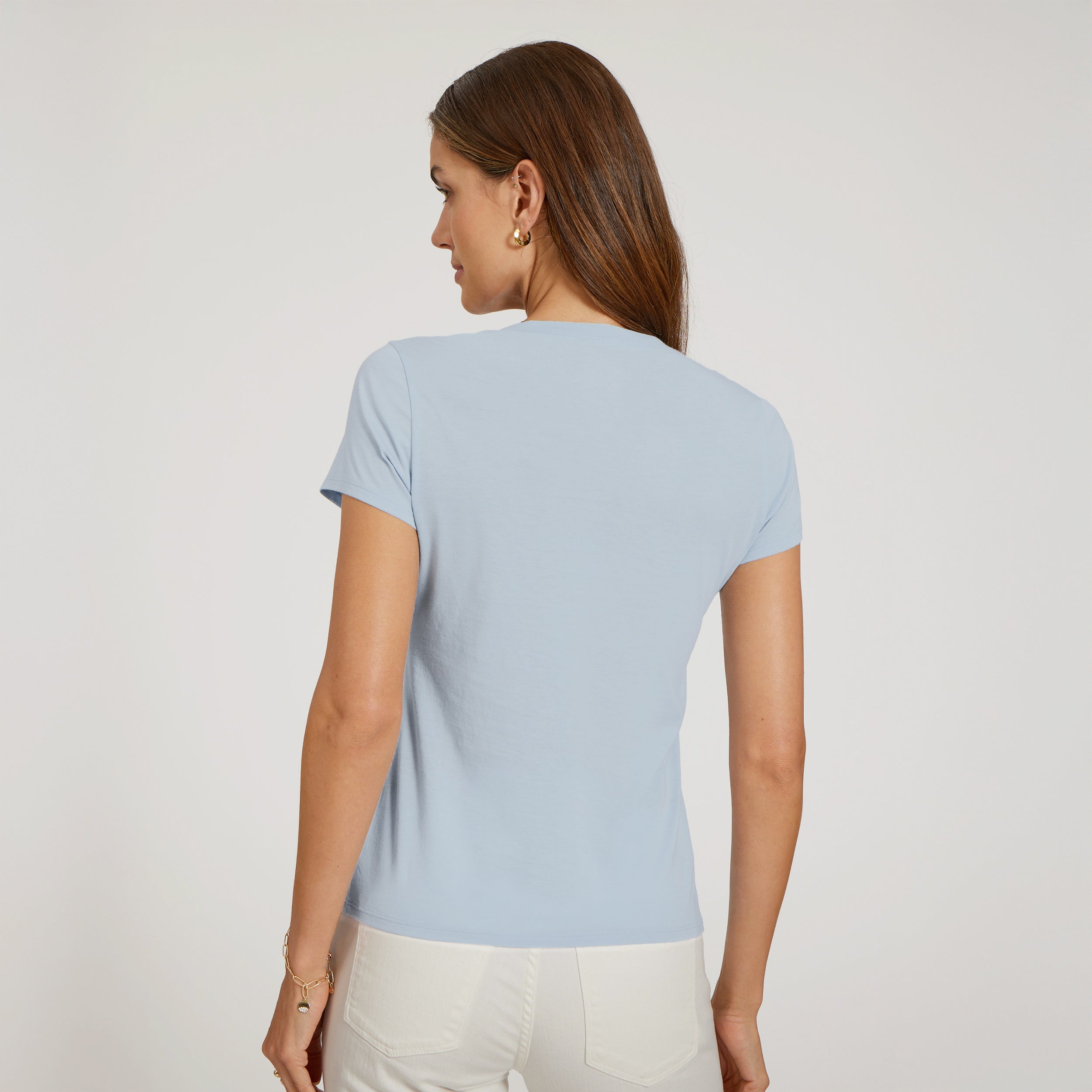 Women wearing Ice Blue Fitted V-Neck Marcy Tee