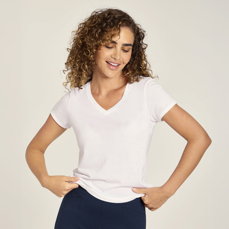 Women wearing Blanco Fitted V-Neck Marcy Tee