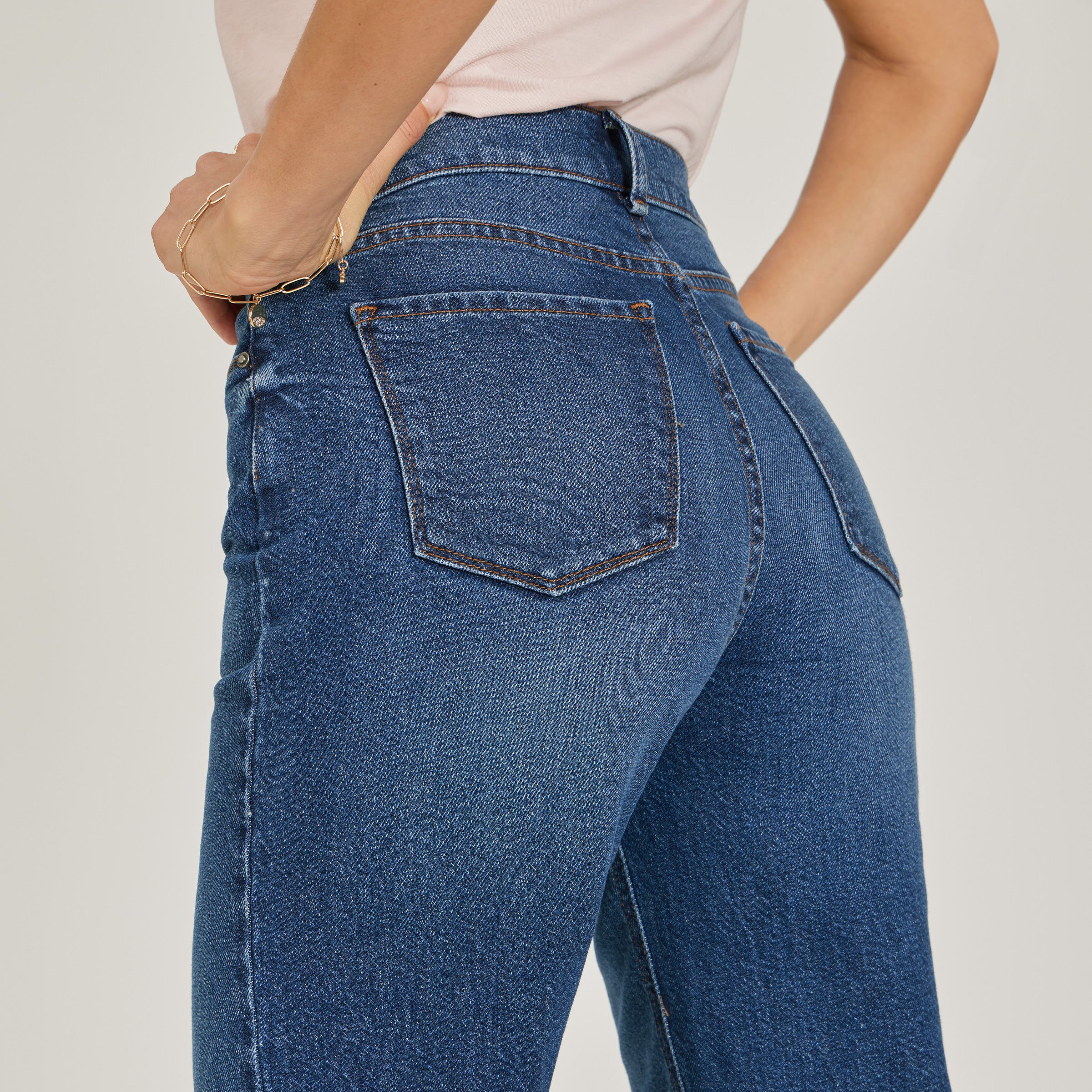 Women wearing Medium/Dark Blue High Rise Cropped Straight Leg Gilmore