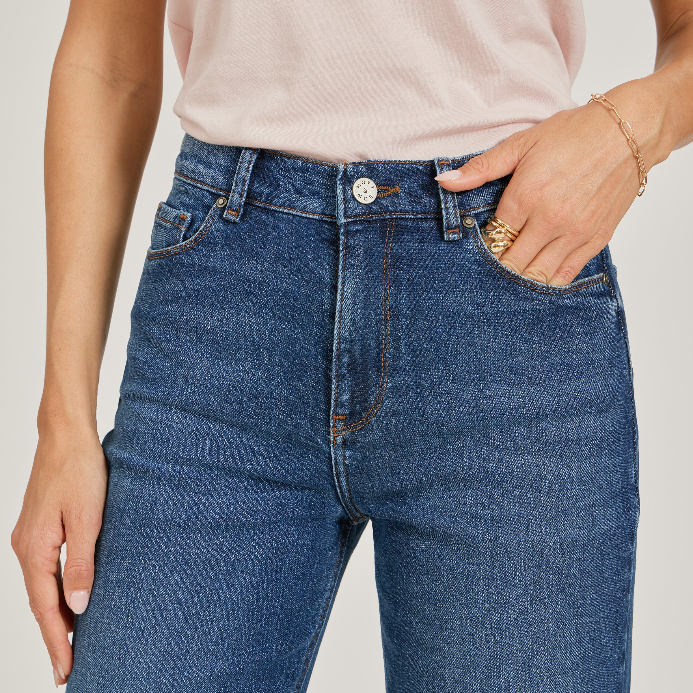 Women wearing Medium/Dark Blue High Rise Cropped Straight Leg Gilmore