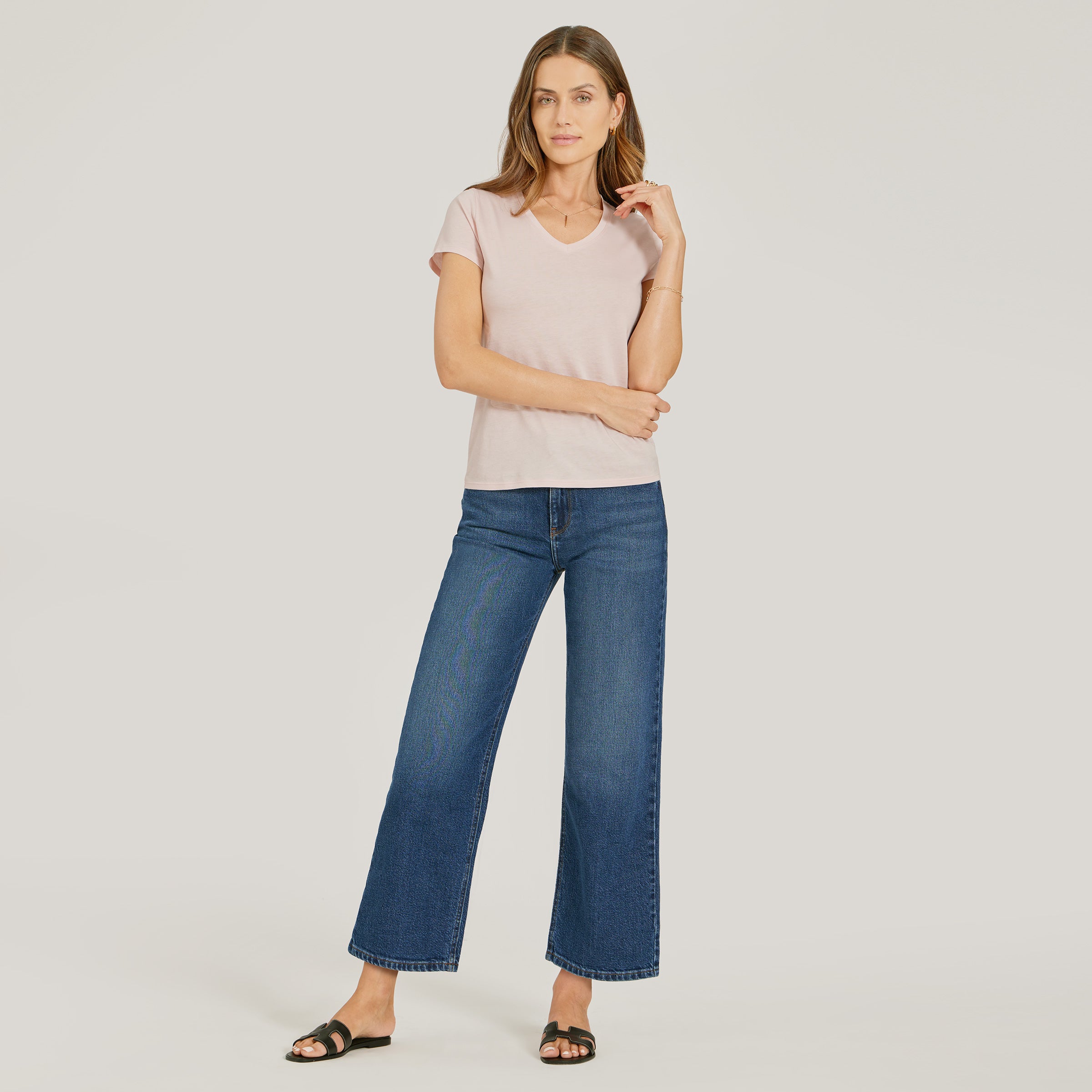 Women wearing Medium/Dark Blue High Rise Cropped Straight Leg Gilmore