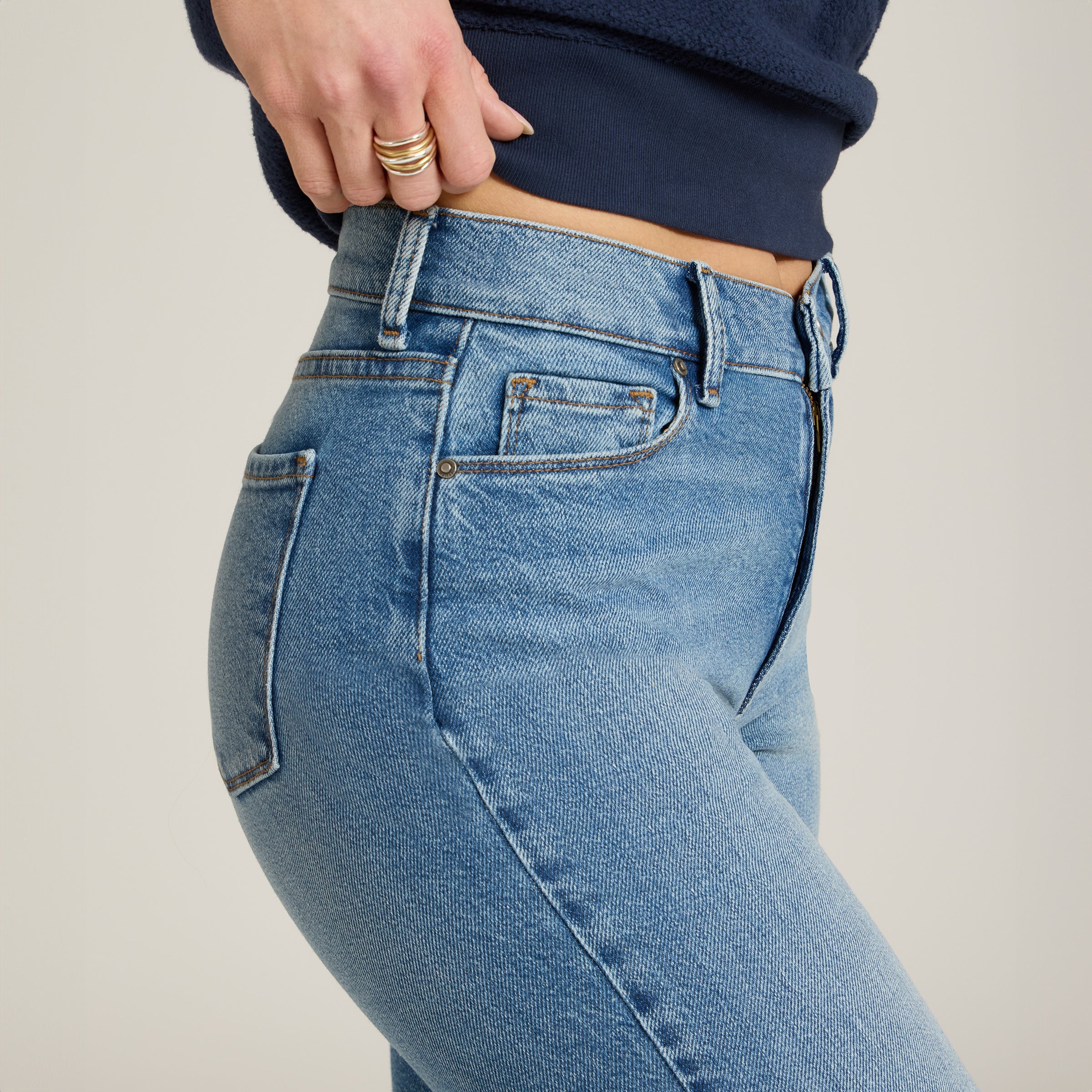 Women wearing Medium Blue High Rise Cropped Straight Leg Gilmore