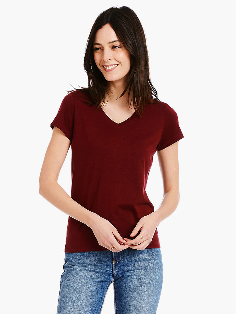 Women wearing Crimson Fitted V-Neck Marcy Tee tees