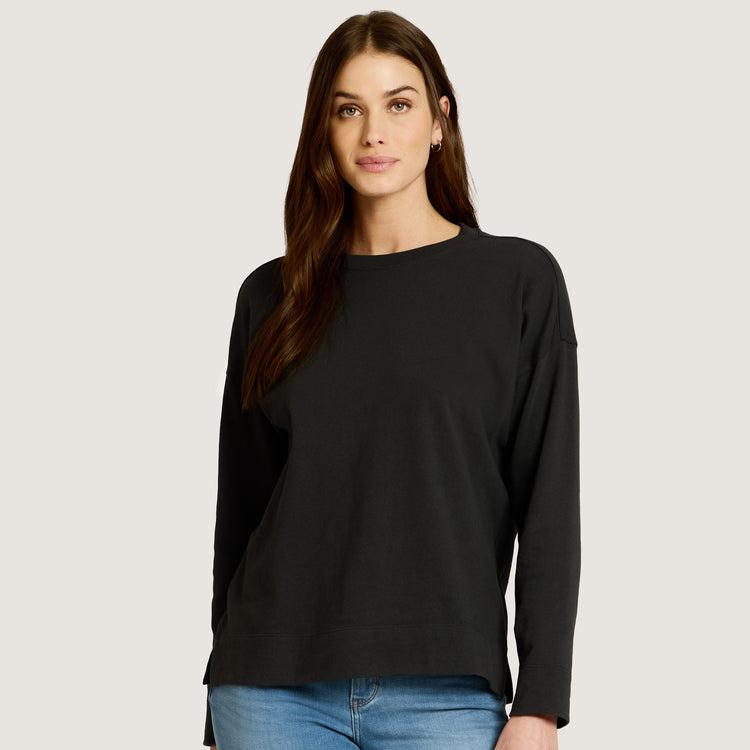 Women wearing Vintage Black Cotton Jersey Oversized Long Sleeve Tee