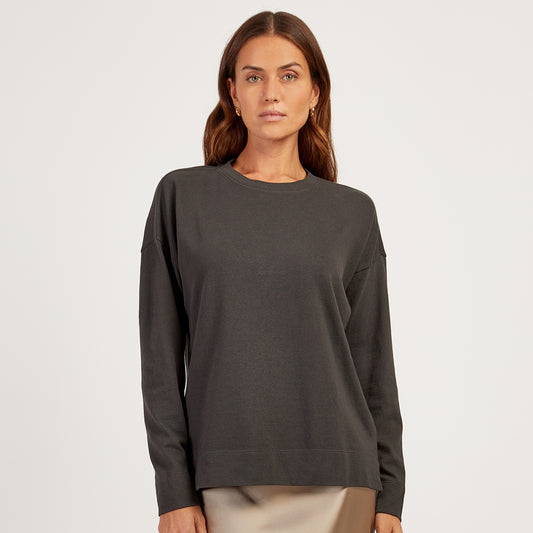 Cotton Jersey Oversized Long Sleeve Tee Gris vintage Crew tees