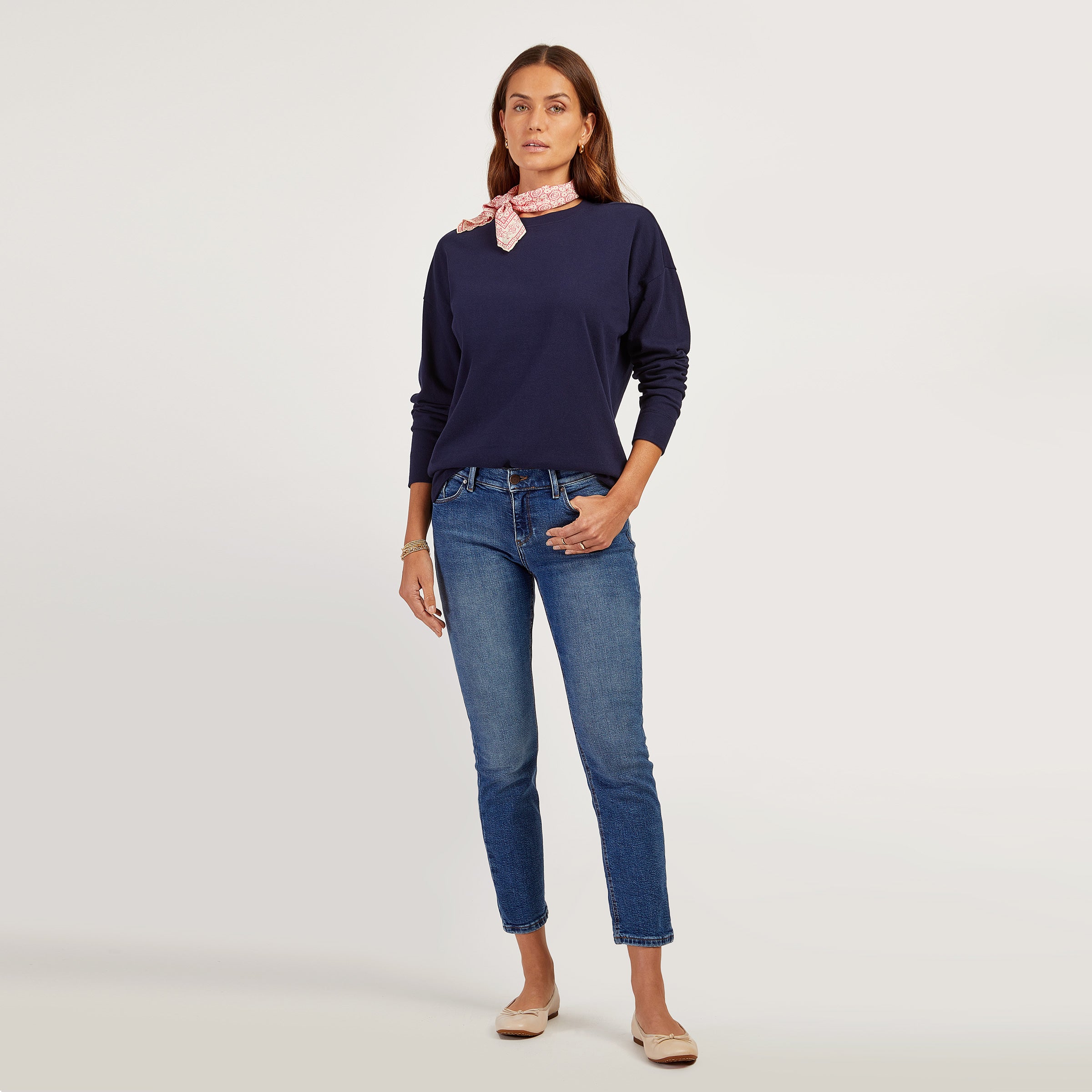 Women wearing Vintage Navy Cotton Jersey Oversized Long Sleeve Tee