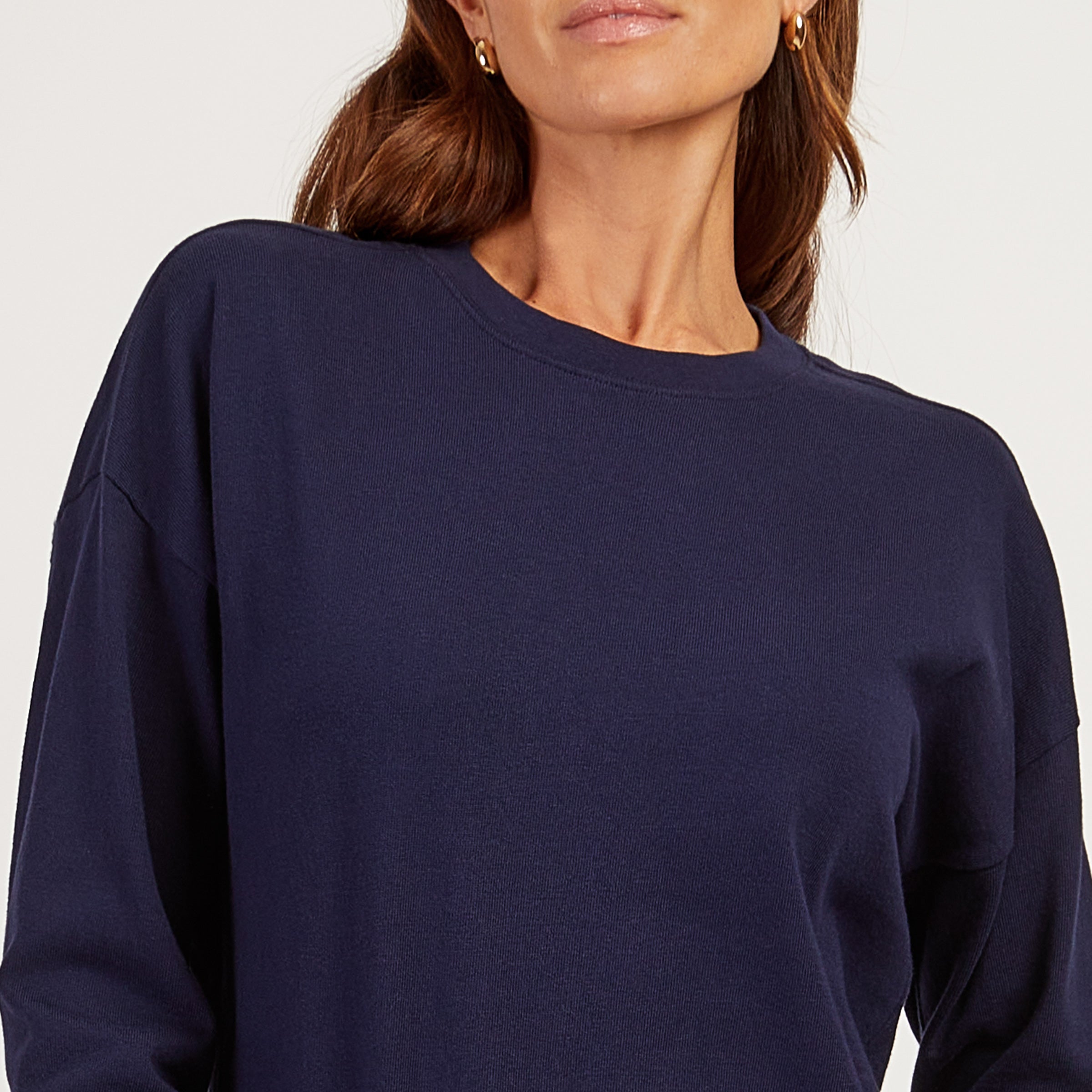 Women wearing Vintage Navy Cotton Jersey Oversized Long Sleeve Tee