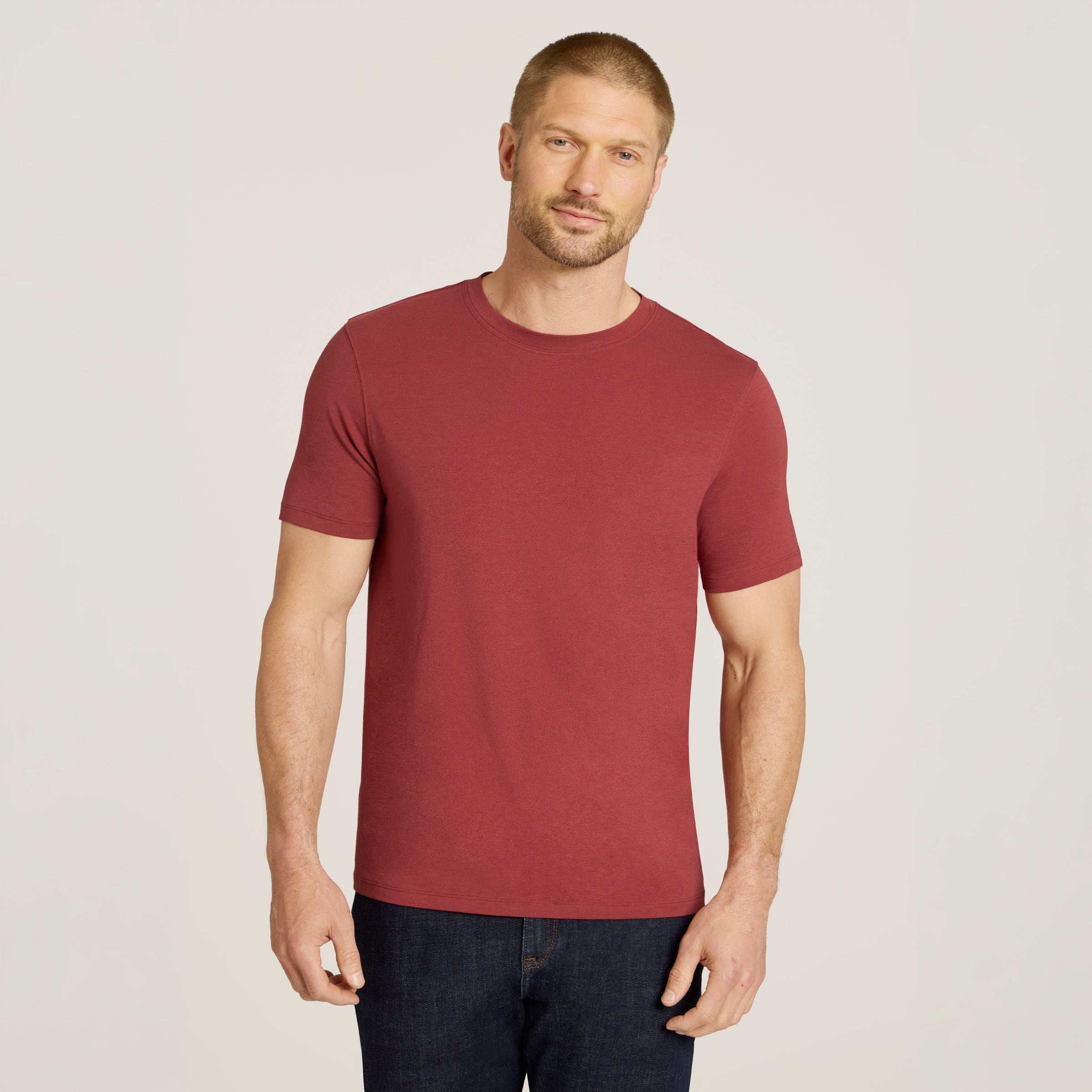 Men wearing Brick Red Luxe Stretch Tee
