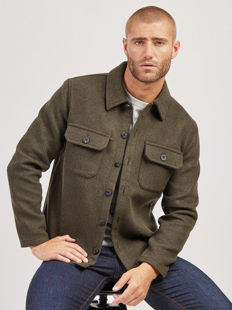 Men wearing Dark Olive Oversized Wool Shirt Jacket