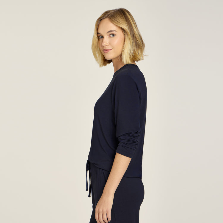 Women wearing Navy Pajama Long Sleeve Crew Neck