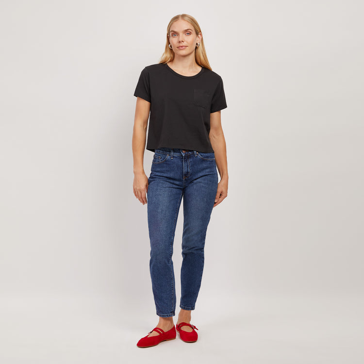 Women wearing Black Everyday Cotton One Pocket Crew Tee