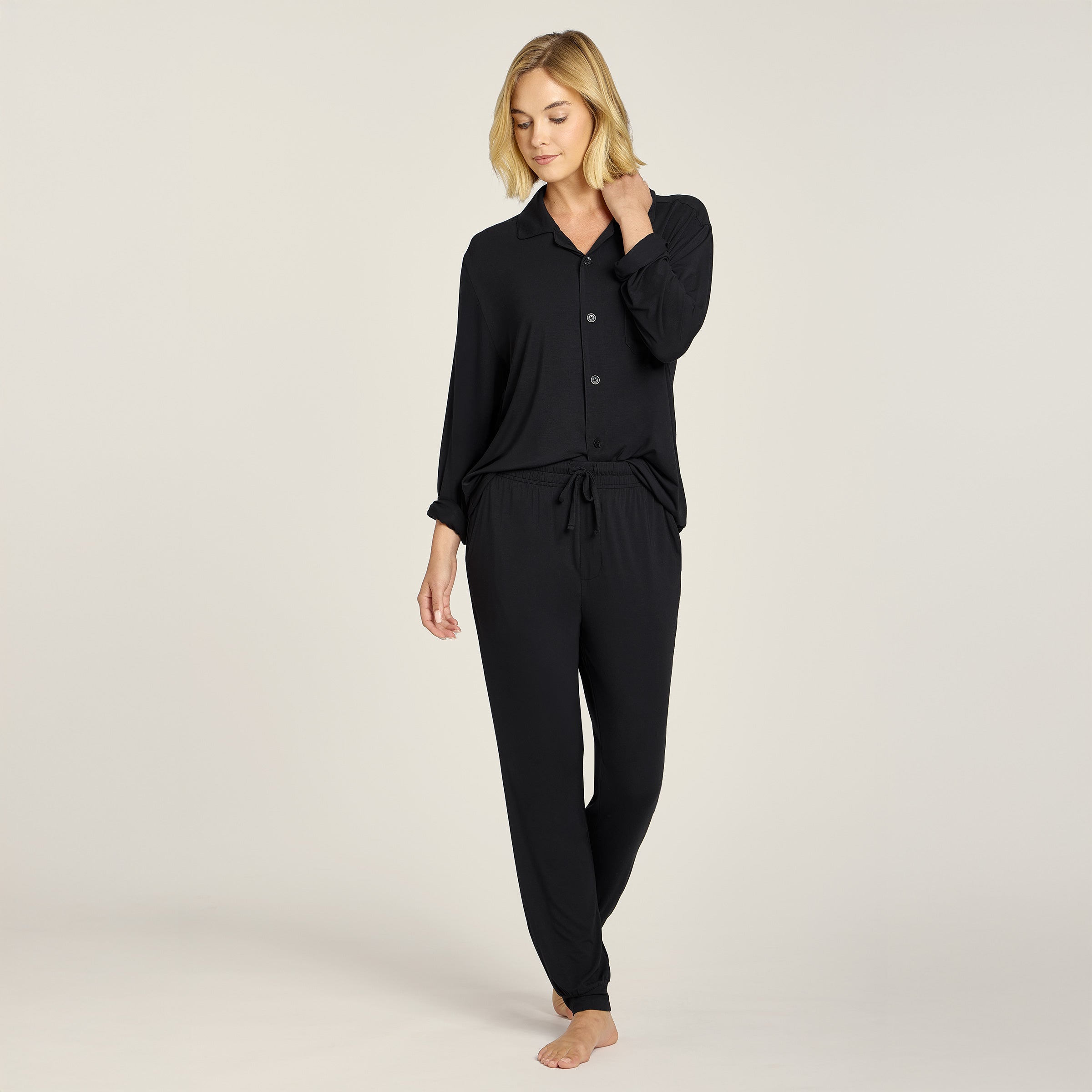 Women wearing Black Pajama Shirt
